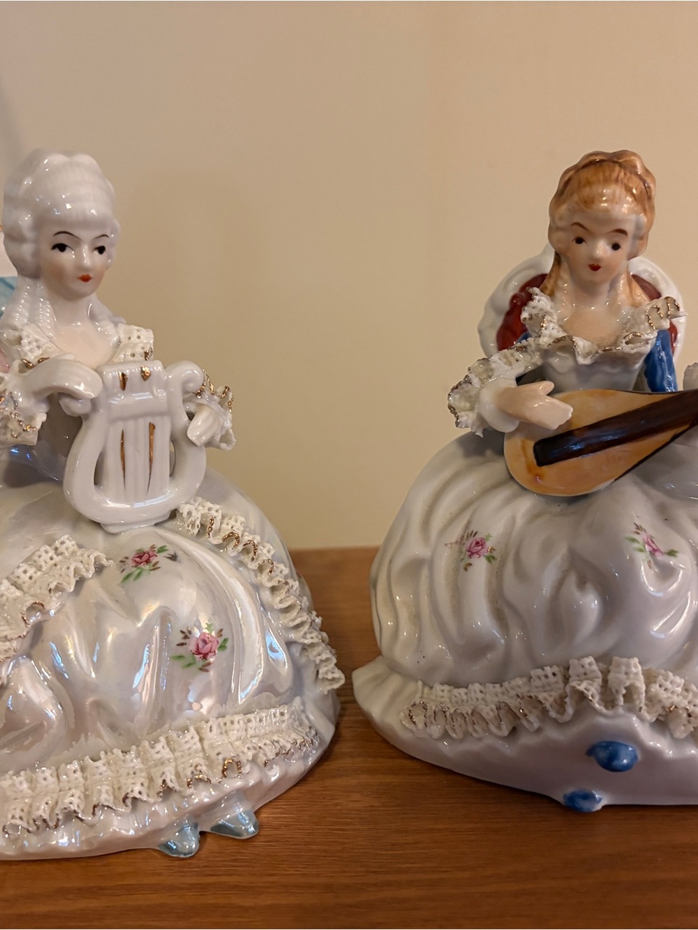Porcelain Victorian Lady Figurines in White and Cream - Decorative Pair